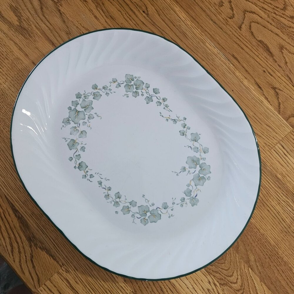 Corelle Callaway Serving Platter 12.25" white plate swirl rim green trim ivy - Picture 2 of 5